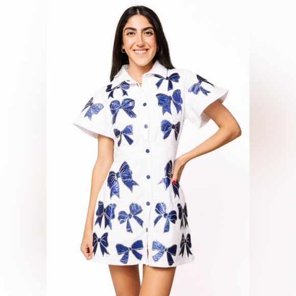 QUEEN OF SPARKLES Dresses & Skirts - New! QUEEN OF SPARKLES White Dress with Sequin Metallic Blue Bow Accents